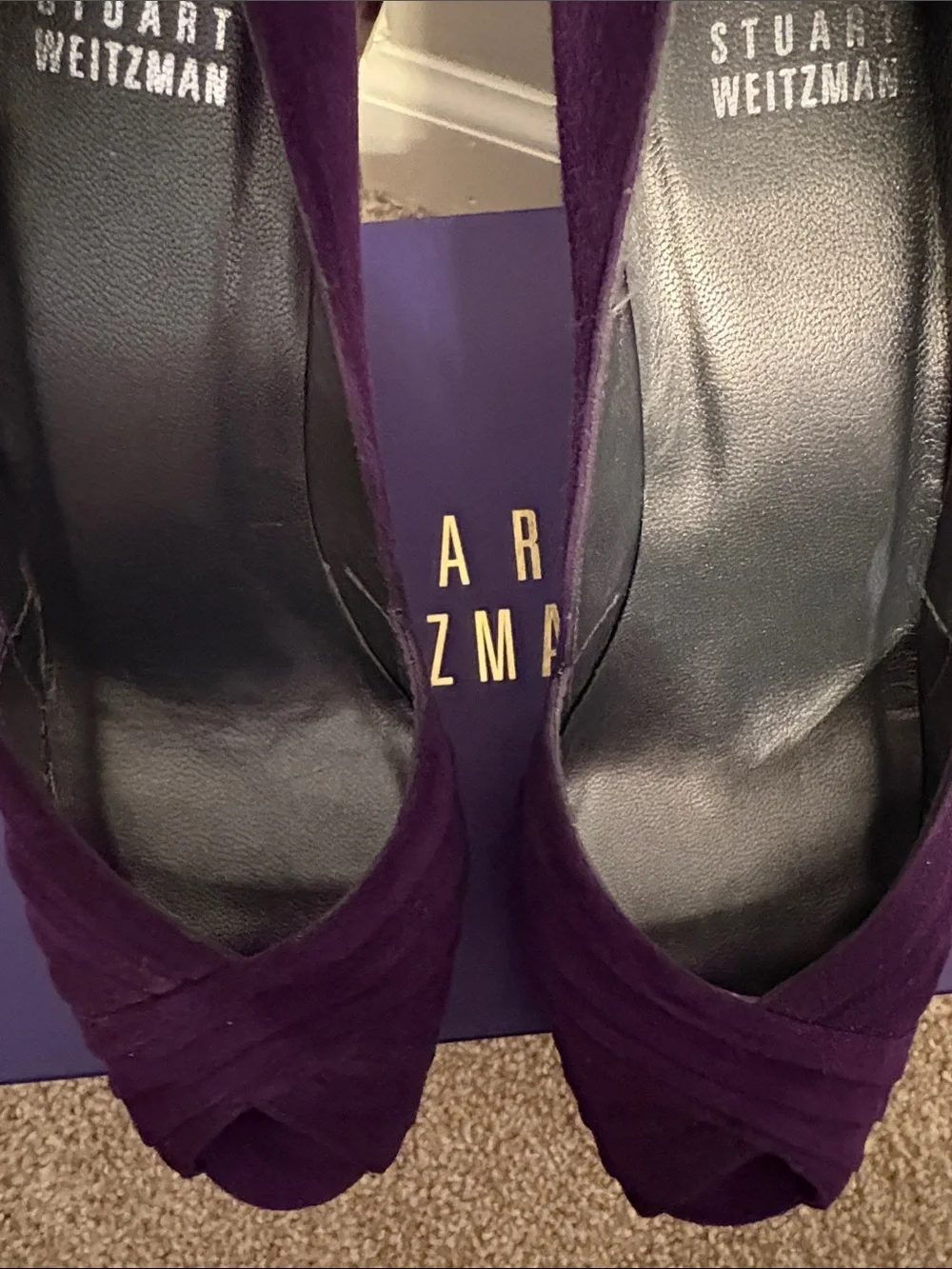 Stuart Weitzman Eggplant Purple Suede Peep-Toe Heels Women 8 - Picture 11 of 13
